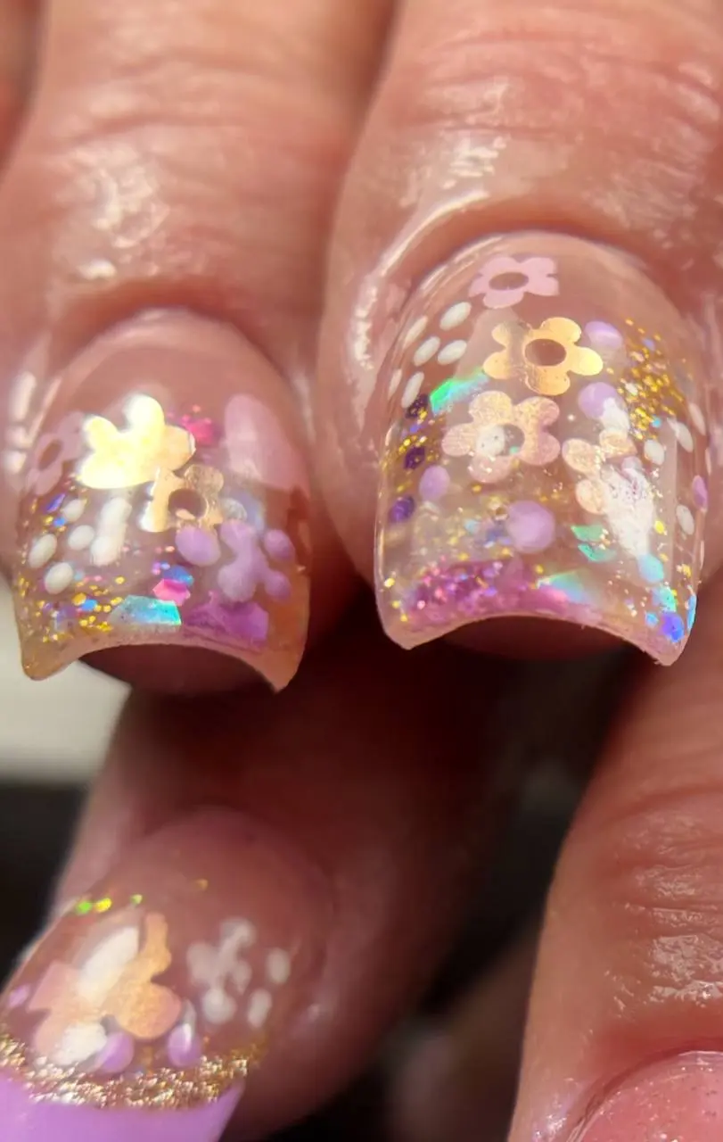 Floral glitter short nail art at NailLou Salon Spring Hill